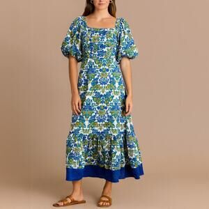 Anna Cate Tuckernuck Puff Sleeve Blue Green Floral Midi Dress Size S